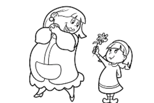 Online coloring book: Coloring page daughter with a little flower for mother